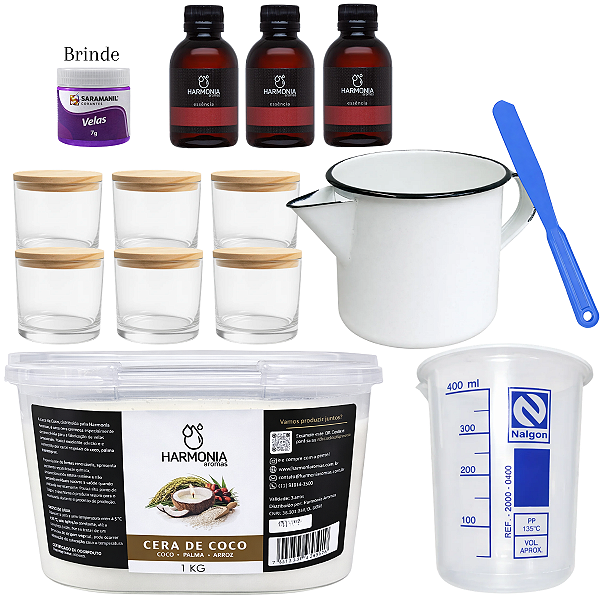 Kit Iniciante para Fazer Velas Aromáticas Artesanais Completo com Potes Patê, Cera de Coco e Essências