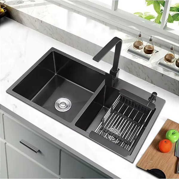 Cuba Dupla para Cozinha 78x43cm em Aço Inox 304 Gourmet Black Preta