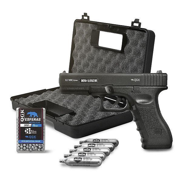 Kit Pistola Airgun G17 Glock Com Maleta 300 Esferas + 5 Cartuchos de Co2 + 300 Esferas de 4,5mm + Chave Allen + Manual e NF + Brinde
