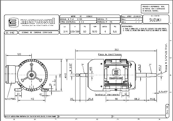 Motor 3/4 trifasico duplo eixo