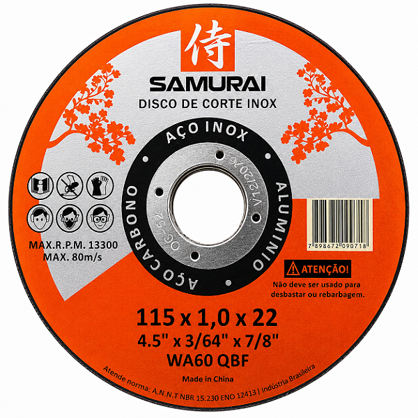 Kit 10 Discos de Corte Inox Fino 1mm Samurai 115x22mm 4 1/2