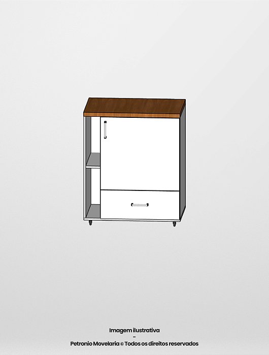 APARADOR CORPO BRANCO TX + TAMPO AMADEIRADO FREIJÓ - 1 PORTA DE ABRIR + 1 GAVETA + 4 RODÍZIOS