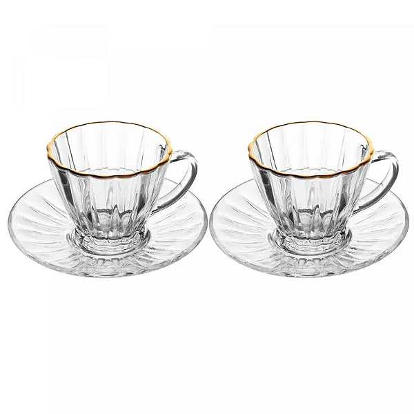 Cj 2 Xícaras p/ Café de Cristal c/ fio de Ouro e Pires  70ml