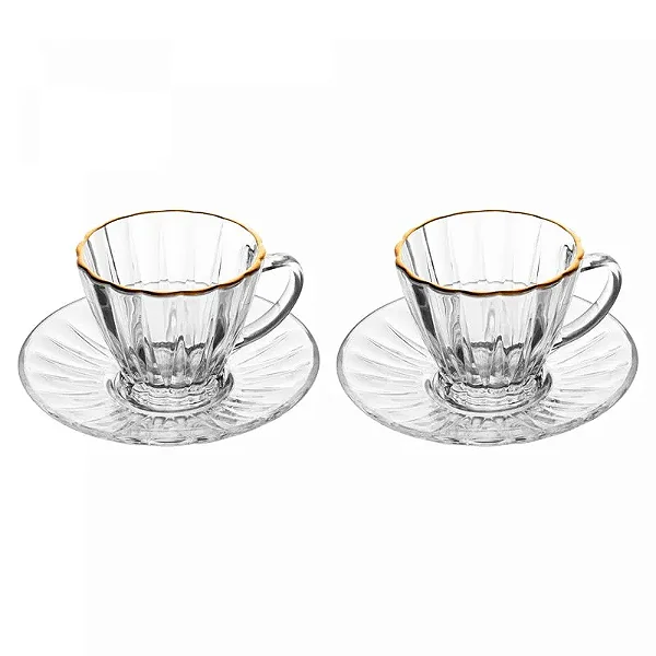 Cj 2 Xícaras p/ Chá de Cristal c/ Fio de Ouro e Pires  180ml