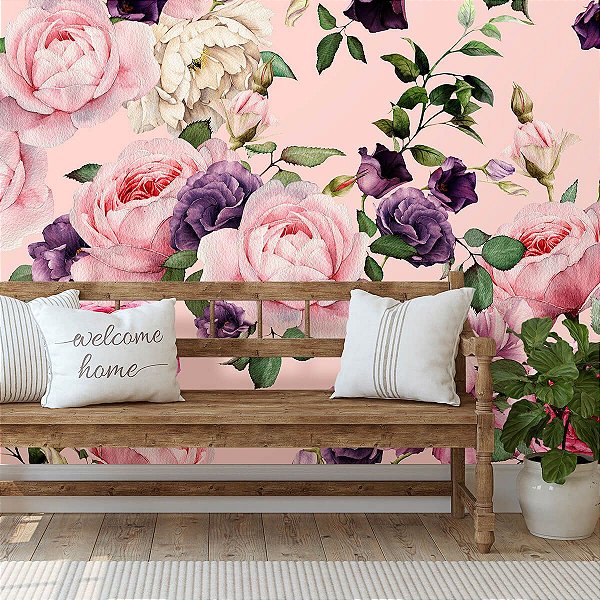 Papel De Parede Personalizado Floral Fundo Rosa