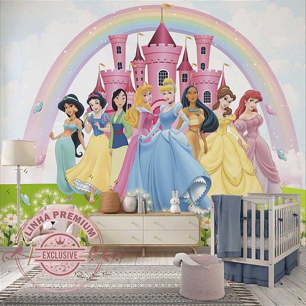 Papel De Parede Personalizado Princesas No Castelo Com Arco-Íris Encantado