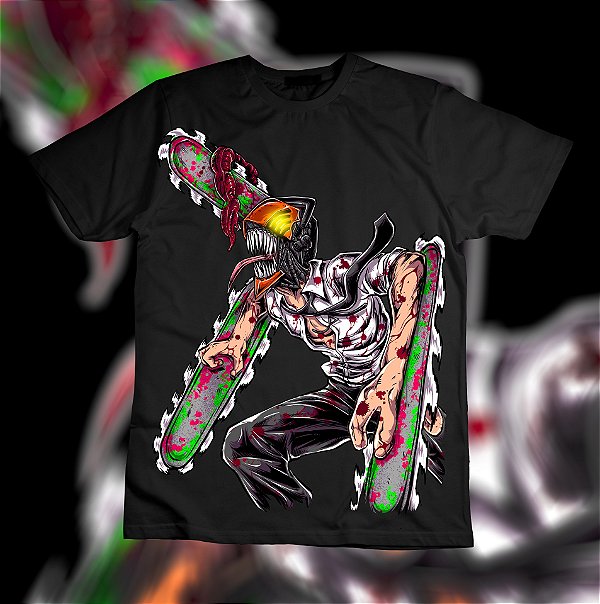 Camiseta básica na cor preta com estampa Chainsaw Man. - Camisetas anime  30.1 penteada e reforçada, 100% algodão estampa no tamanho Gigante!