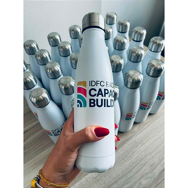 GARRAFA TÉRMICA EM AÇO INOX BRANCA 500ML PERSONALIZADA ADESIVO DTF