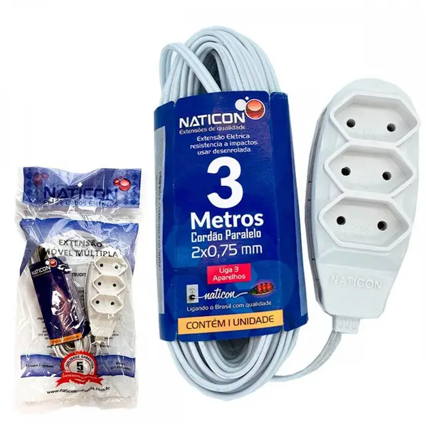 Extensão Elétrica 3 Tomadas 2p+t 10a Cabo 3 Metros Branco Naticon