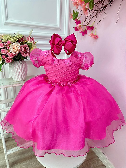 Vestido Infantil Rosa Princesa Aurora Barbie Aplique Flores (1293PL) -  Petecolá kids