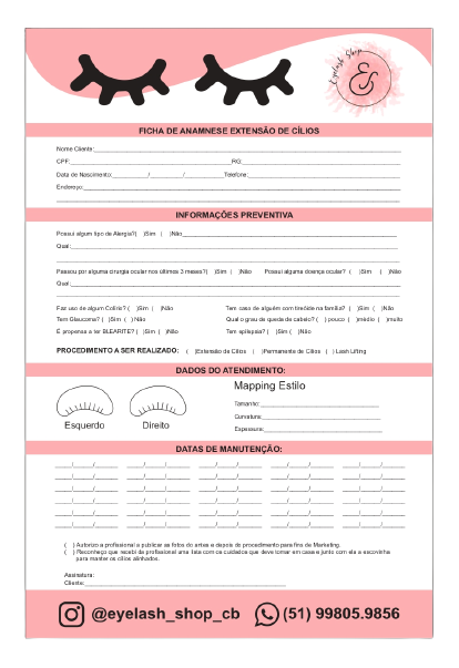 Ficha de Anamnese Cílios