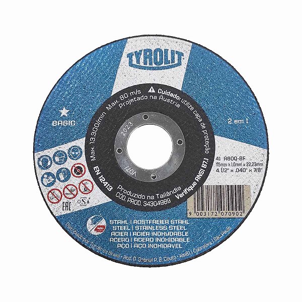 Disco de Corte Inox 4.1/2" Basic 2 em 1 TYROLIT