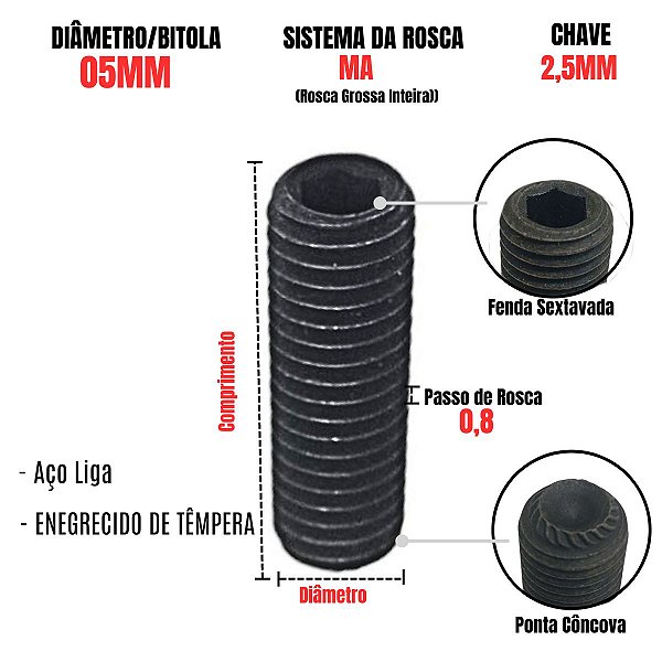 Parafuso Allen Sem Cabeça 05MM Rosca Grossa MA Ch 2,5mm Aço