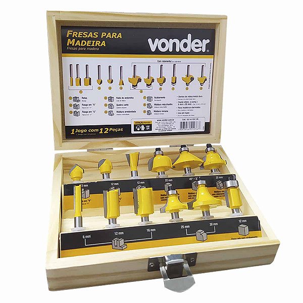 Kit Jogo Fresa para Tupia 12 Peças Madeira Haste 6mm VONDER