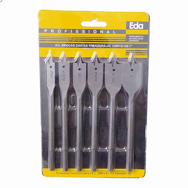 Jogo de Brocas Chata para Madeira 6 Peças 3/8" a 1" 4DL EDA