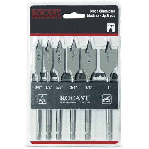Jogo de Brocas Chata para Madeira 6 Peças 3/8" a 1" ROCAST