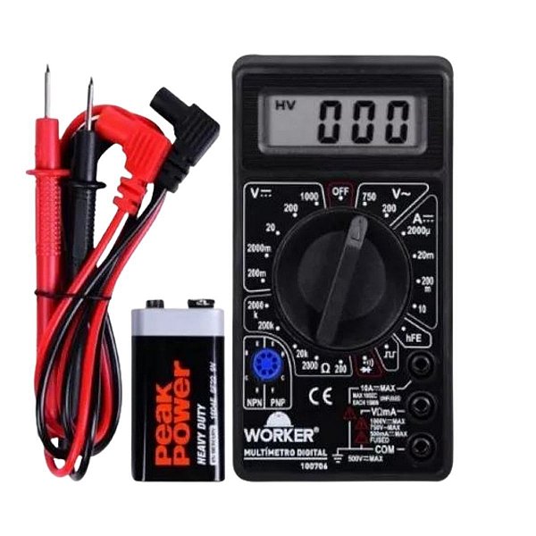 Multimetro Digital Display LCD Bateria Ponta de Prova WORKER
