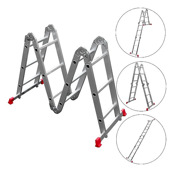 Escada Articulada 3x4 Worker 12 Degraus Alumínio 8 Em 1 Cinza