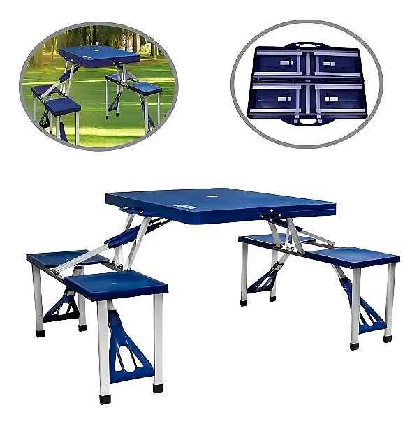 Mesa Dobrável de Alumínio Azul Com 4 Banquetas Para Camping Vira Maleta