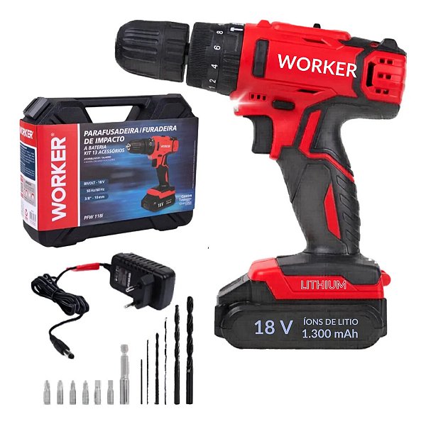 Parafusadeira Furadeira Impacto Bateria 18v Worker Pfw 118i Vermelho 127/220v 50 Hz / 60 Hz
