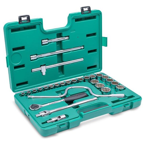 Jogo de Soquetes Estriados SATA ST09090SJ 1/2" com 28 Peças em Aço Cr-V e Maleta Organizadora
