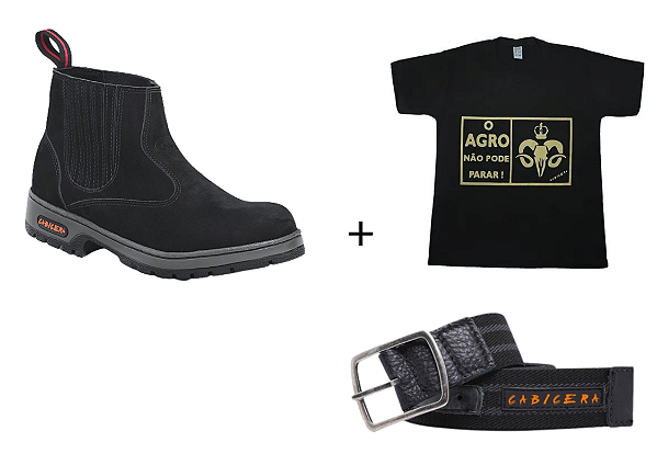 Kit cabicera Botina agro preta em couro Nobuck + Camiseta+Cinto