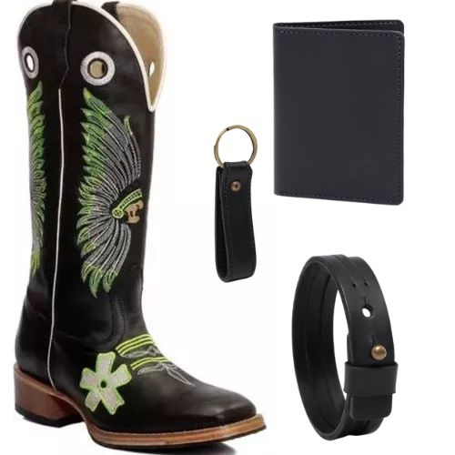 Bota Texana De Couro Legitimo Índio Verde + Brinde