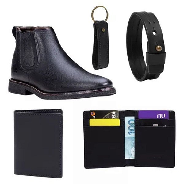 kit Black Botina Chelsea em Couro Legitimo com + 3 itens