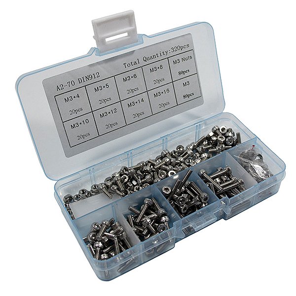 Kit parafusos allen m3 com porcas x300 unidades 4~16mm