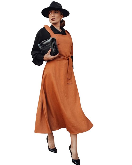 Vestido em viscose midi Terracota de Alça Finas