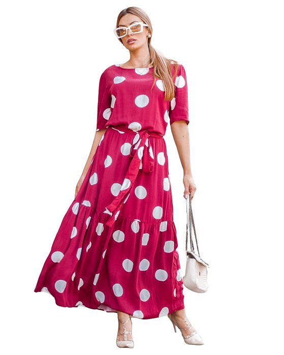Vestido Midi Vinho em Viscose Poá Leve, Solto e com caimento Impecável