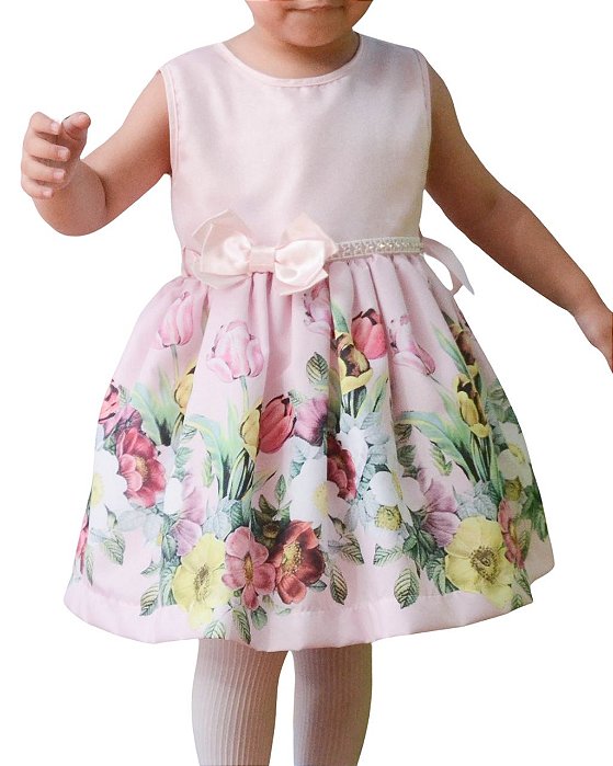 Vestido Infantil Rosa Estampado Rodado