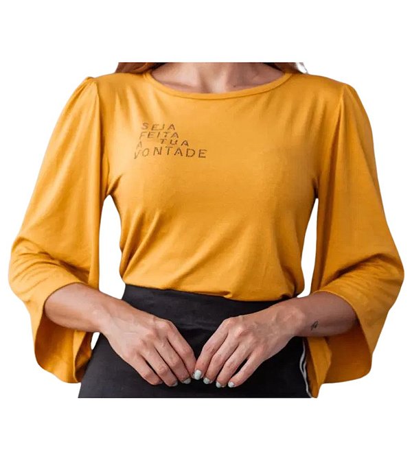 Blusa Mostarda em Viscolycra estampada Seja feita a Sua Vontade com Manga 3/4 Sino