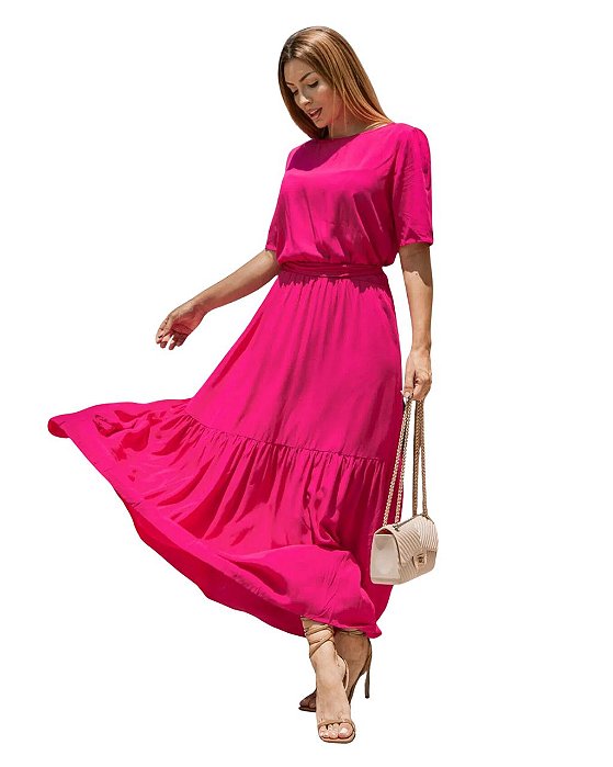 Vestido Viscose midi acinturado Rosa, leve e solto Sofia