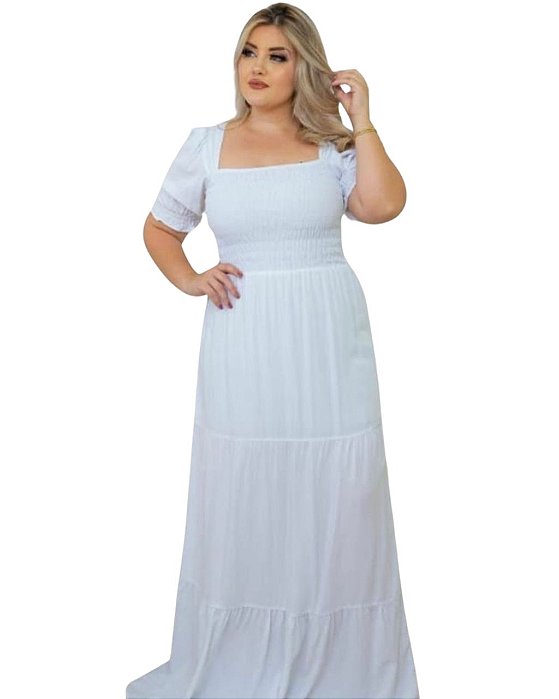 Vestido Viscolycra Branco Lastex Longo, Solto e Leve Angela