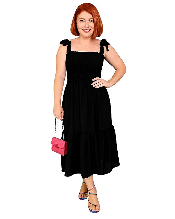 Vestido Liso Preto com Lastex Midi de Alça com Babado