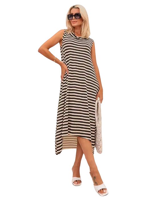Vestido em Viscolycra Egito com Listras Horizontais Azul Marinho com Off White, com caimento assimétrico na parte de trás, mais longo na frente