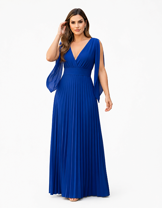 Vestido Longo Plissado Decote em V Agatha