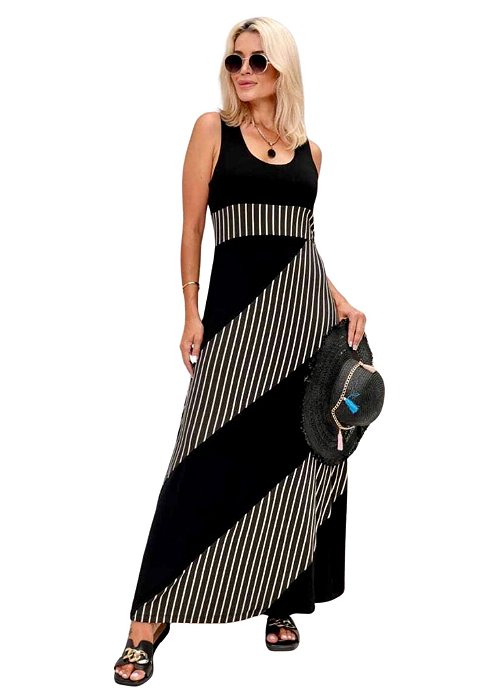 Vestido em Viscolycra Longo Listrado Preto Regata Ester