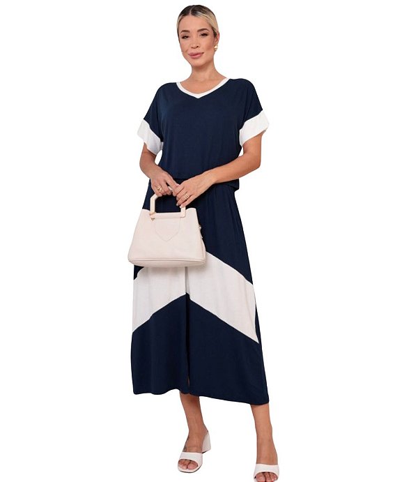 Conjunto em Viscolycra Azul e Branco Blusa e Saia Midi Cristina
