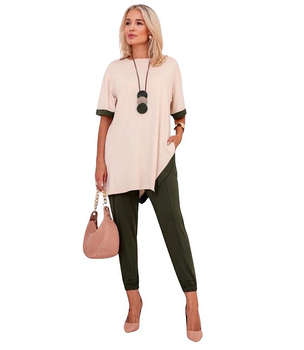 Conjunto em Viscolycra Verde e Nude Calça e Blusa Elisa
