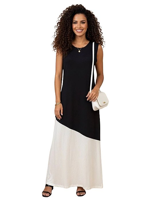Vestido em Viscolycra Longo Regata Bicolor Leticia