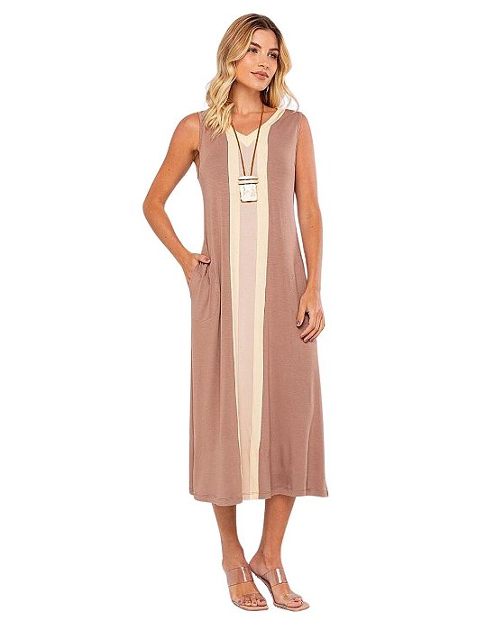 Vestido Liso com Listra Central Bela