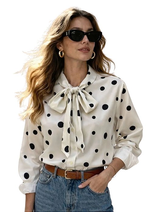 Camisa Manga Longa Poá com Laço