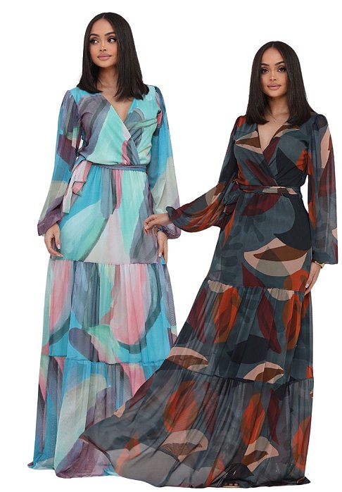 Vestido em Tule Longo Estampado com mangas Longas Livia