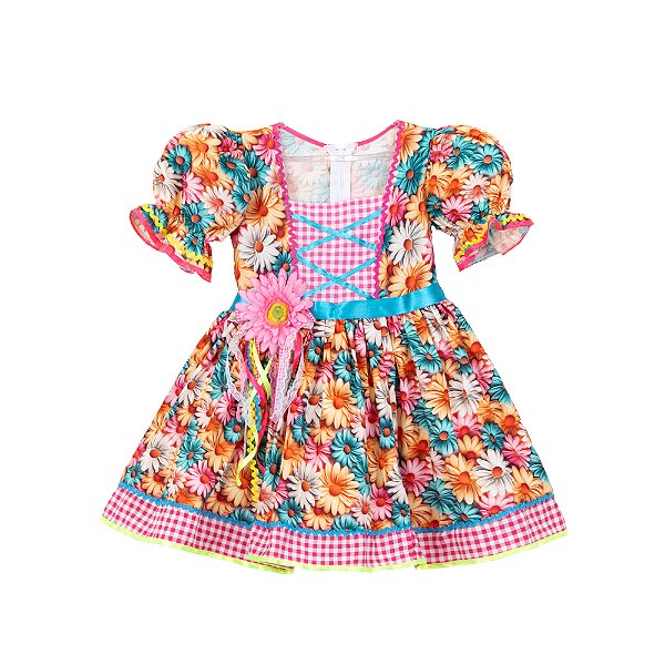 Vestido Junino Flores Campo Pink