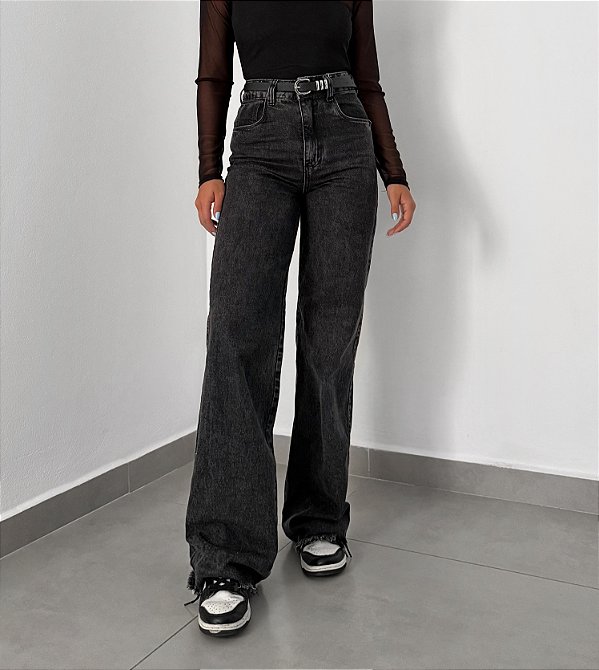 Wide leg jeans preta estonada