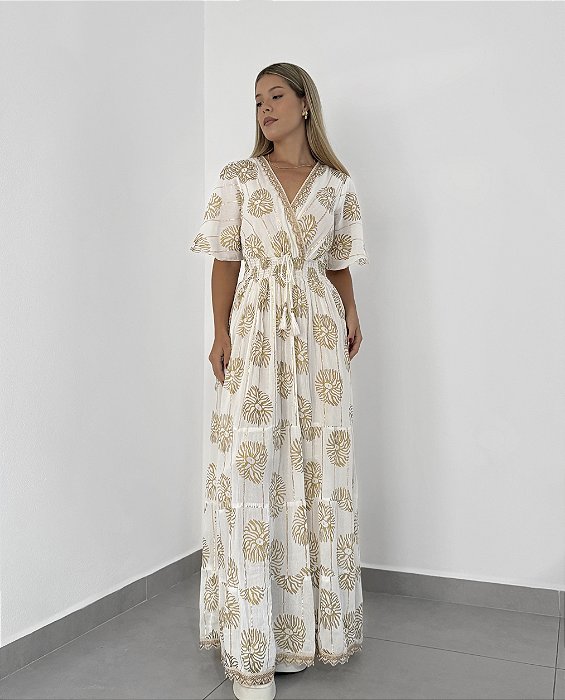Vestido Grécia Manguinha | off e dourado