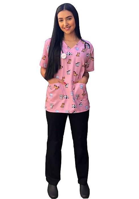 Camisa Pijama Cirúrgico Rosa Veterinária - Ponto Dos Uniformes