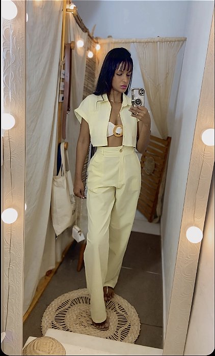 Calça Pantalona Linho Amarelo Manteiga